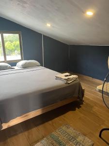 1 dormitorio con 1 cama grande y paredes azules en The Yellow House Boquete (hostal), en Alto Boquete