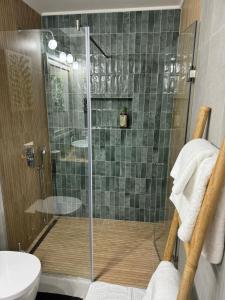 a shower with a glass door in a bathroom at Studio Rezistenta in Făgăraş