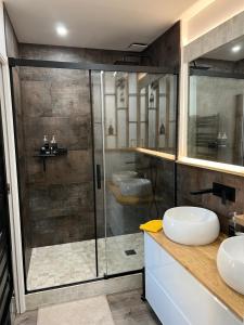 a bathroom with a glass shower and a sink at Escapade en Baiocensis in Villiers-le-Sec +5 photos