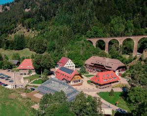 an aerial view of a village with a train bridge at Hotel Hofgut Sternen in Breitnau
