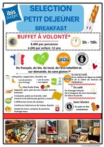 un folleto para un restaurante con una foto de comida en Ibis Budget Toulon Centre en Toulon