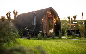 a small cabin with an umbrella in the grass at Glamp In Style Pods Resort in Bran