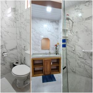 2 zdjęcia łazienki z toaletą i prysznicem w obiekcie Agualinda Hotel w mieście Alter do Chao