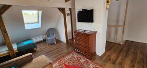 a living room with a couch and a television at Oliwkowe Jerzykowo -klimatyzacja in Radzieje