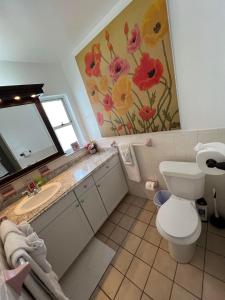 un bagno con lavandino, WC e specchio di Sunny beach retreat with private bath, room and yard-3miles from Beach a Seminole Altre 15 foto