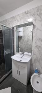 un bagno con lavandino, specchio e WC di Villa La Playa a Pola (Pula) Altre 41 foto