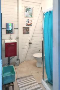a bathroom with a toilet and a sink and a shower at Appartement d'une chambre a Le Carbet a 1 m de la plage avec vue sur la mer jardin clos et wifi in Le Carbet