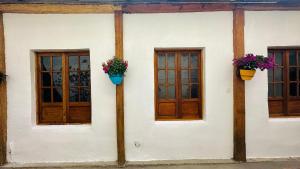 ボゴタにあるCasa Villalbaの2つの窓と2つの植木鉢がある白い建物