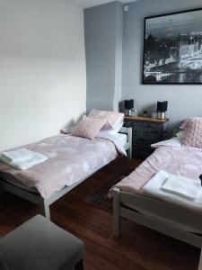 Zimmer mit 2 Einzelbetten und einem Tisch in der Unterkunft Marianne Cottage Chambre d'Hotes in Couvains