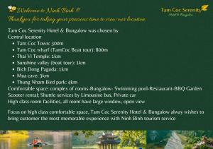 een pagina van een menu voor een restaurant bij Tam Coc Serenity Hotel & Bungalow in Ninh Binh