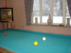 een pooltafel met twee ballen op een kamer bij B&B Castel 't Haantje in Ruiselede