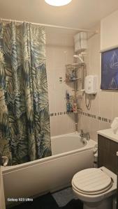 uma casa de banho com uma banheira, um WC e uma cortina de chuveiro. em Howgill em Windermere