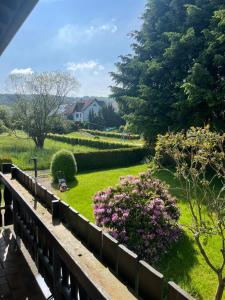 a view of a garden from the balcony of a house at Ferienwohnungen Hoheeifel Nähe Nürburgring Platz für bis zu 10 Personen ,Verleih von zwei E-MTB möglich in Kelberg