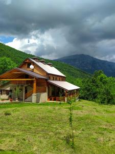 uma grande casa de madeira num campo com uma montanha em Etno domaćinstvo Dvožak em Pluzine