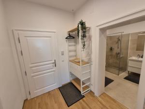 a bathroom with a shower and a walk in closet at Sweet Dreams in Vienna