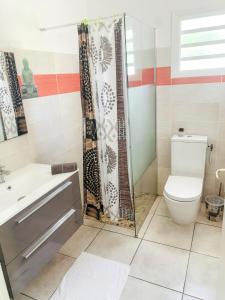 ein Bad mit einem WC und einem Duschvorhang in der Unterkunft Appartement d'une chambre avec piscine partagee jardin clos et wifi a Le Gosier in Le Gosier