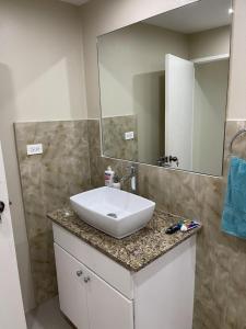 ein Badezimmer mit einem weißen Waschbecken und einem Spiegel in der Unterkunft Three Palm Villa in Montego Bay