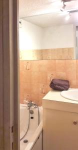 uma casa de banho com uma banheira e um lavatório e uma banheira em Studio a Aiguilles a 5 km des pistes em Aiguilles