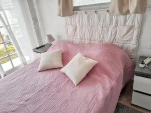 een slaapkamer met een roze bed met 2 kussens bij Maison d'une chambre avec jacuzzi jardin et wifi a Montauroux in Montauroux