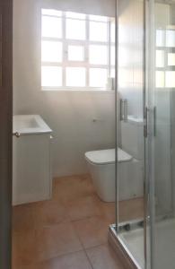 La salle de bains est pourvue de toilettes, d'un lavabo et d'une douche. dans l'établissement 3 bedrooms apartement at Laxe 80 m away from the beach with balcony, à Laxe