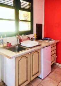 kuchnia ze zlewem i czerwoną ścianą w obiekcie Appartement de 2 chambres avec jardin clos et wifi a Basse Terre w mieście Basse-Terre
