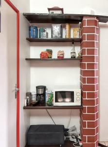 a microwave sitting on a shelf next to a brick wall at Appartement de 2 chambres avec jardin clos et wifi a Basse Terre in Basse-Terre