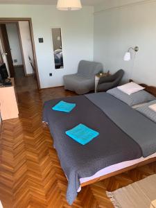 um quarto com uma cama grande e uma sala de estar em Szépasszonyvölgyi Apartman em Eger