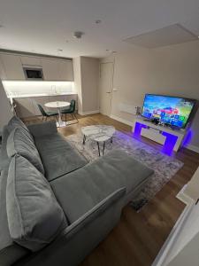 un soggiorno con divano e TV a schermo piatto di Cozy Intimate Apartment - Leeds a Leeds