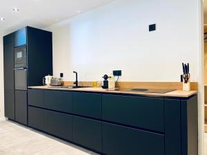 a kitchen with blue cabinets and a counter top at Le Petit Canaille in Cassis