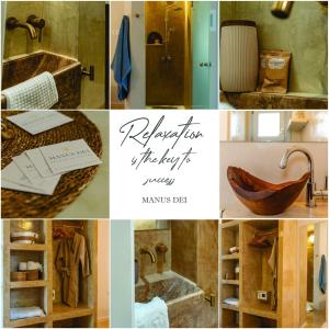 eine Collage mit Fotos von einem Bad und einem Waschbecken in der Unterkunft Manus Dei Exclusive Suites in Pythagoreio
