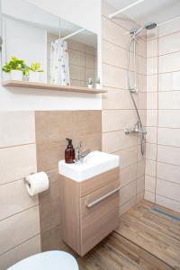 a bathroom with a sink and a shower at Wellarom Szalon in Vonyarcvashegy