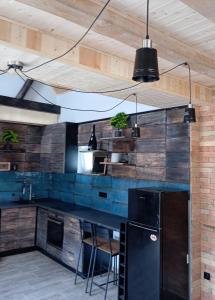 eine Küche mit einem schwarzen Kühlschrank und Holzwänden in der Unterkunft Borostyánkút Wellness Home Bakonybél in Bakonybél