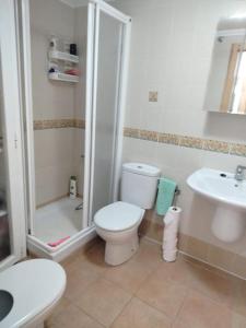a bathroom with a toilet and a shower and a sink at Apartment Cala Dor in El Campello