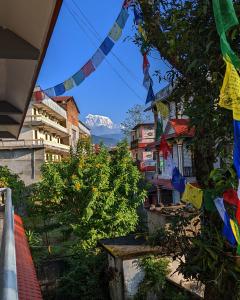 vista su una città con edifici e bandiere di preghiera di Hotel Mountain View - Lakeside Pokhara a Pokhara