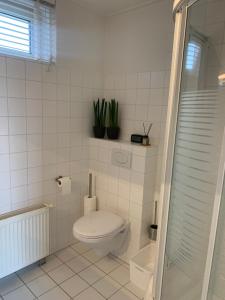 B&B slapen in de veenhoop في De Veenhoop: حمام ابيض مع مرحاض ودش