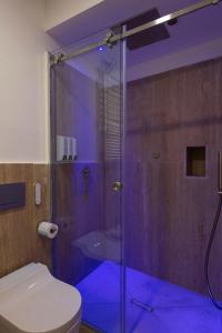 ein Bad mit einer Glasdusche und einem WC in der Unterkunft Hotel Antica Repubblica in Amalfi center at 100mt from the sea with payment parking in Amalfi