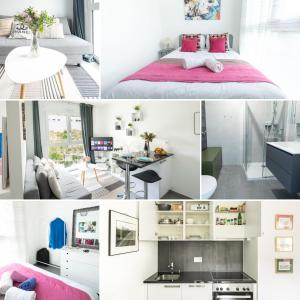 een collage van foto's van een slaapkamer en een kamer bij AM3Office apartment with contactless check-in near lake in La Tour-de-Peilz