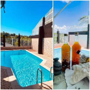 - deux photos d'une piscine avec une bouteille de vin dans l'établissement Villa bois rose, à Petit-Bourg