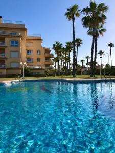 a large swimming pool with palm trees and a building at BRISA DEL MAR - 200m to the beach in Oliva