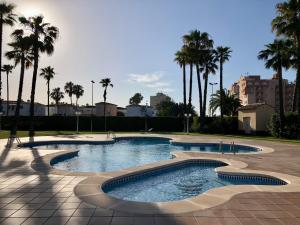 a swimming pool in a park with palm trees at BRISA DEL MAR - 200m to the beach in Oliva
