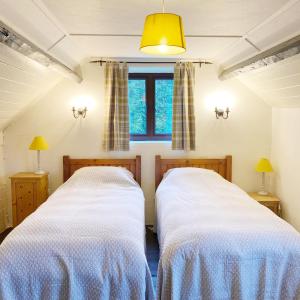 two beds in a bedroom with a window at Llynhillyn Cottage in Presteigne