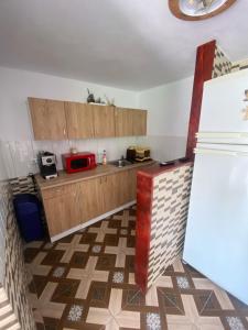 シモンにあるCasa Alexandra Juniorのキッチン(木製キャビネット、赤い電子レンジ付)