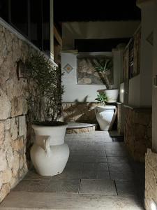 a bathroom with two toilets and a table with potted plants at Mimma house in Lampedusa