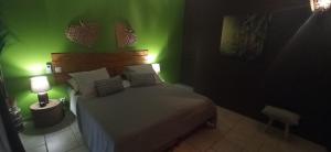 - une chambre dotée d'un lit avec un mur vert dans l'établissement Villa SOREDE, à Sorède