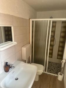 a bathroom with a sink and a toilet and a shower at Baita Lomasona in Comano Terme