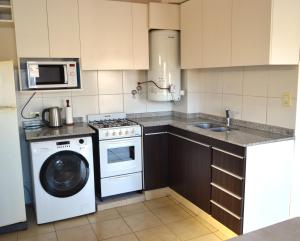 a kitchen with a washing machine and a microwave at MendoApart completo con cochera in La Cieneguita