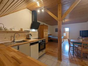 a kitchen with a sink and a table in a room at Makovna - Apartmán Západ in Tři Sekery