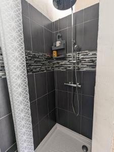 a bathroom with a shower with black tiles at Teresa Beauté - grande maison 4 chambres proche La Rochelle Ile de Ré avec piscine in Périgny +12 photos