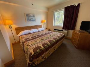 Una habitación de hotel con una cama y una ventana. en Ausable Valley Inn, en Mio