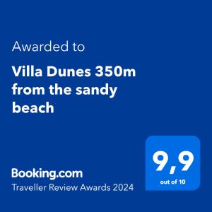 a screenshot of a phone with the text awarded to villa dunes at Villa Dunes 350m from the sandy beach in Kalogria